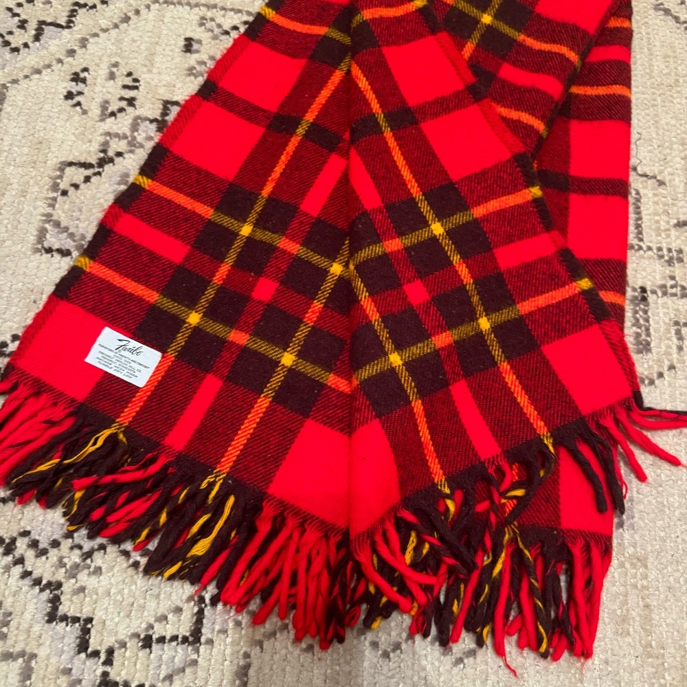 Vintage Faribo Red Brown and Yellow Plaid  / Throw Blanket / Made in USA /